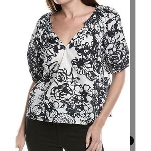Velvet by Graham & Spencer Womens Cotton Floral Print V Neck Puff Sleeve Top M